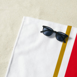 Sporty Fun Bright Red Brown White Racing Stripes Beach Towel
