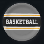 Sporty Fun Grey Black Yellow BASKETBALL Stripes Paper Plate<br><div class="desc">This sporty design features bold BASKETBALL text inside a wide black horizontal centre racing stripe highlighted with twin floating white pinstripes against grey outer stripes.  The text can be personalised.</div>