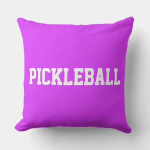 Sporty Fun White PICKLEBALL Text On Tropical Pink Cushion