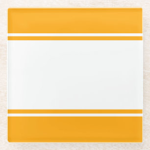 Sporty Fun White Racing Stripes On Golden Yellow Glass Coaster