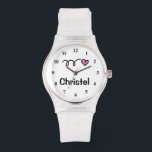 Sporty girl watch with personalizable name<br><div class="desc">Sporty girl watch with personalizable name. Personalizable wrist watches for women. Cute Birthday gift idea for sporty girls Sporty design with bouncing heart symbol,  emblem , icon. Pink and white.</div>