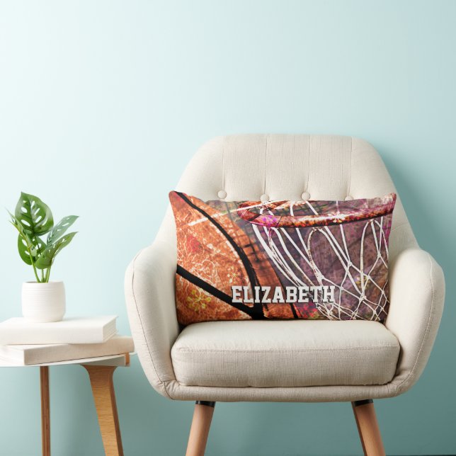 Sporty Girly Basketball and Hoop Pink Purple Lumbar Cushion (Chair)
