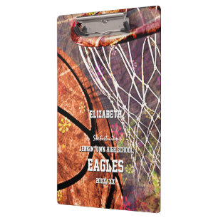 Sporty girly basketball hoop pink purple her name clipboard
