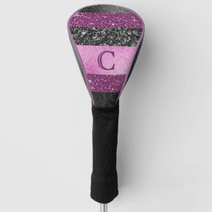 Sporty Glam Pink and Black Glitter Stripe Monogram Golf Head Cover