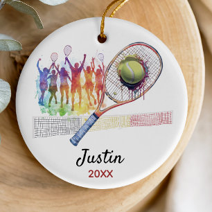 Sporty Green Watercolor Tennis Racquet Keepsake Ceramic Tree Decoration