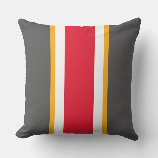 Sporty Grey Bright Red Orange White Racing Stripes Cushion (Front)