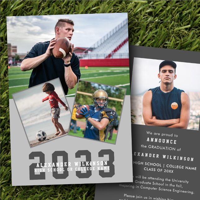 Sporty Guy Modern Bold Script 4 Photo Graduation Announcement (Creator Uploaded)