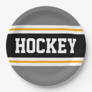 Sporty HOCKEY Grey Black Yellow Racing Stripes Paper Plate