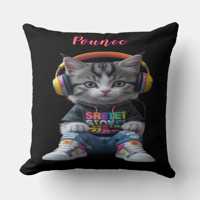 Sporty Kitten Throw Pillow – Cute Playful Cat Cush (Front)