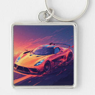 Sporty Luxury Car on Road at Sunset Vibrant Sky Key Ring
