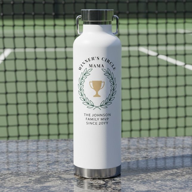 Sporty Mama Club Wreath Family Name MVP Water Bottle (Family MVP - waterbottle for mom with country club winner's circle crest and trophy)