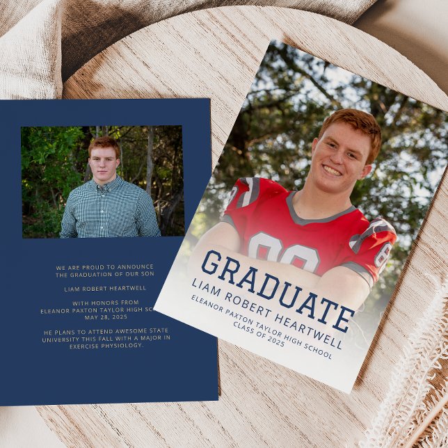 Sporty Navy Blue Gold Photo Grad Announcement (Creator Uploaded)