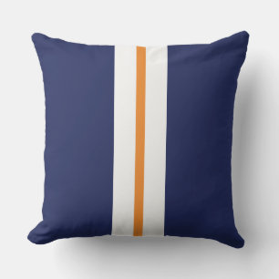 Sporty Navy Blue Slim Orange White Racing Stripes  Cushion