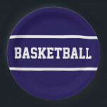 Sporty Navy Blue White BASKETBALL Text Stripes Paper Plate<br><div class="desc">This sporty design features bold white BASKETBALL text and stripes against navy blue background.  The text and colors can be personalized.</div>