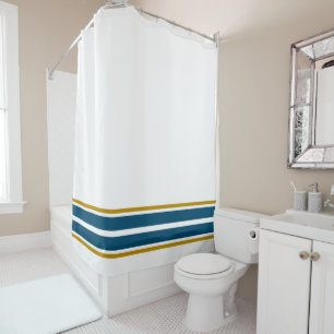 Sporty Ocean Blue Edge Racing Stripes On White Shower Curtain