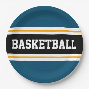 Sporty Ocean Blue Orange Black BASKETBALL Stripes Paper Plate