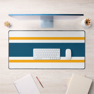 Sporty Ocean Blue Yellow Racing Stripes On White Desk Mat