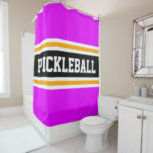 Sporty PICKLEBALL Bright Pink Black Racing Stripes Shower Curtain