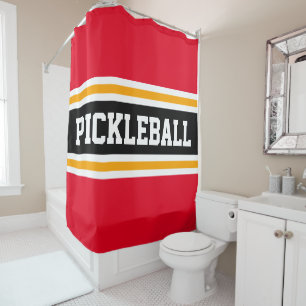 Sporty PICKLEBALL Bright Red Black Racing Stripes Shower Curtain