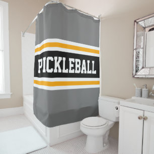 Sporty PICKLEBALL Fun Grey Black Racing Stripes Shower Curtain