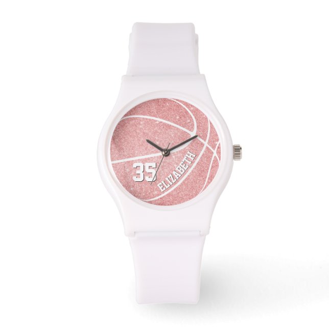 sporty pink girls' basketball personalised watch (Front)