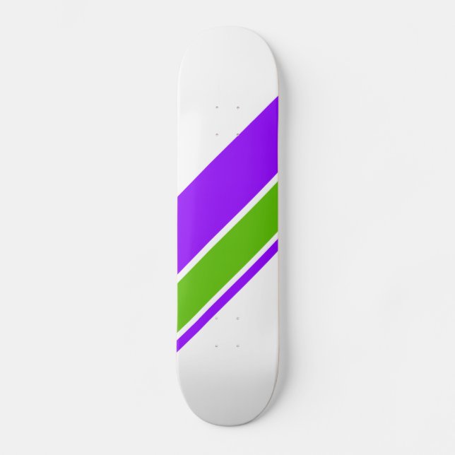 Sporty Purple Lime Green Racing Stripes On White  Skateboard (Front)