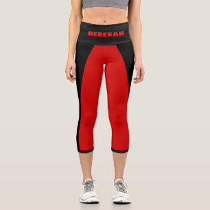 Sporty Red and Black Stripe Name Template Capri Leggings