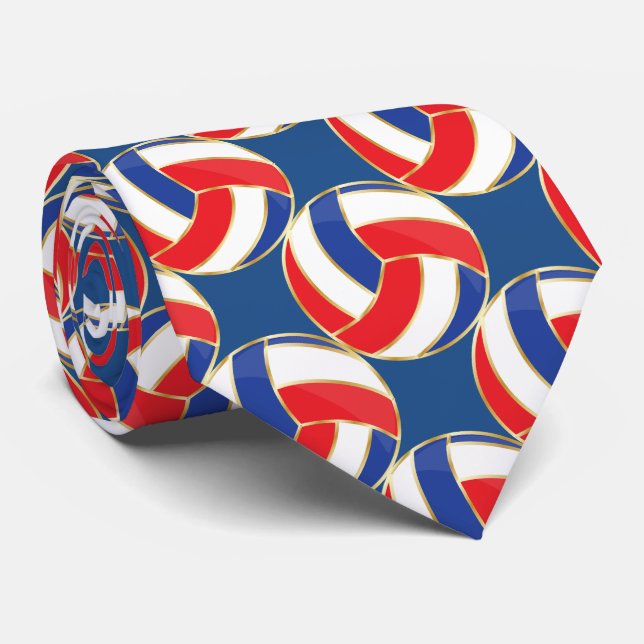 Sporty Red, White, Blue with Gold Trim Volleyball Tie (Rolled)