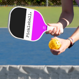 Sporty Retro Bright Pink Black White Text Stripes  Pickleball Paddle
