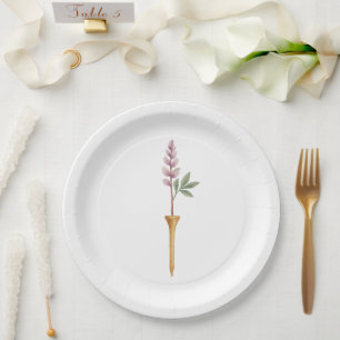 Sporty Romantic Floral Stem Golf Tee Golf Wedding Paper Plate