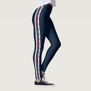 Sporty Side Stripe Fashion Red White Deep Navy Leggings