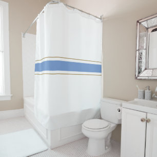 Sporty Soft Blue Brown Racing Stripes On White Shower Curtain