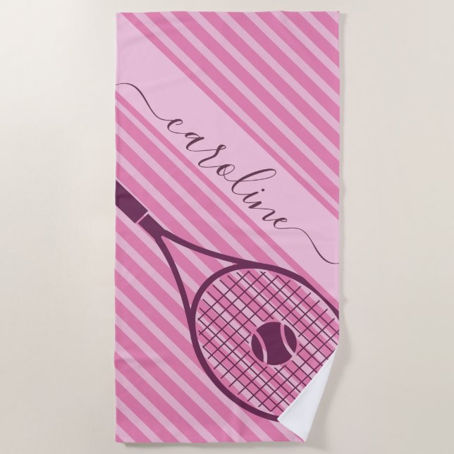 Sporty Striped Pink Tennis Racket Ball Girl's Name Beach Towel (Front)
