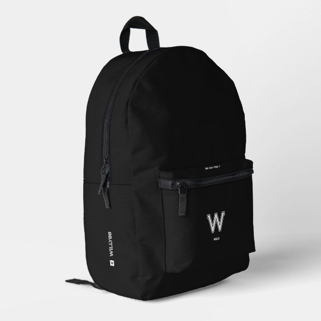 Sporty Stylish Minimalist Monogram Black White Printed Backpack (Back Corner Left)