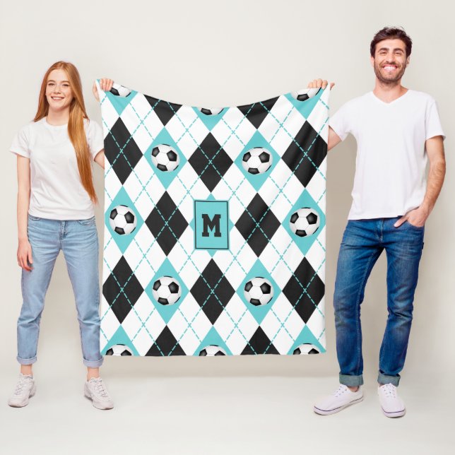 sporty turquoise black white soccer argyle pattern fleece blanket (In Situ)