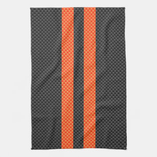 Sporty Vibrant Orange Stripes Carbon Fibre Style Tea Towel