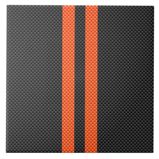 Sporty Vibrant Orange Stripes Carbon Fibre Style Tile (Front)