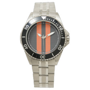 Sporty Vibrant Orange Stripes Carbon Fibre Style Watch