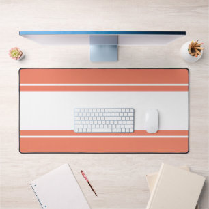 Sporty Wide White Salmon Pink Edge Racing Stripes Desk Mat