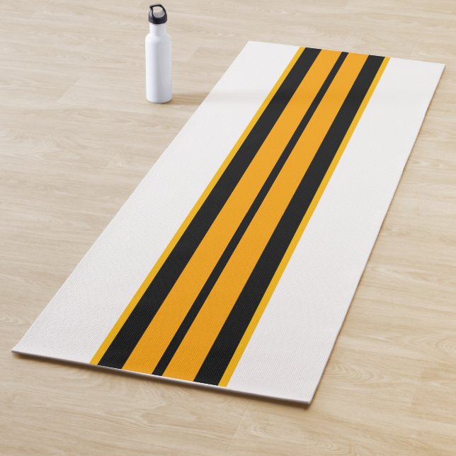 Sporty Yellow Orange Black Racing Stripes On White Yoga Mat (In Situ)