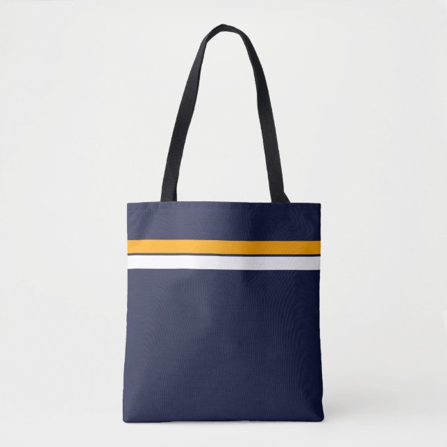 Sporty Yellow White Racing Stripes On Navy Blue Tote Bag (Front)
