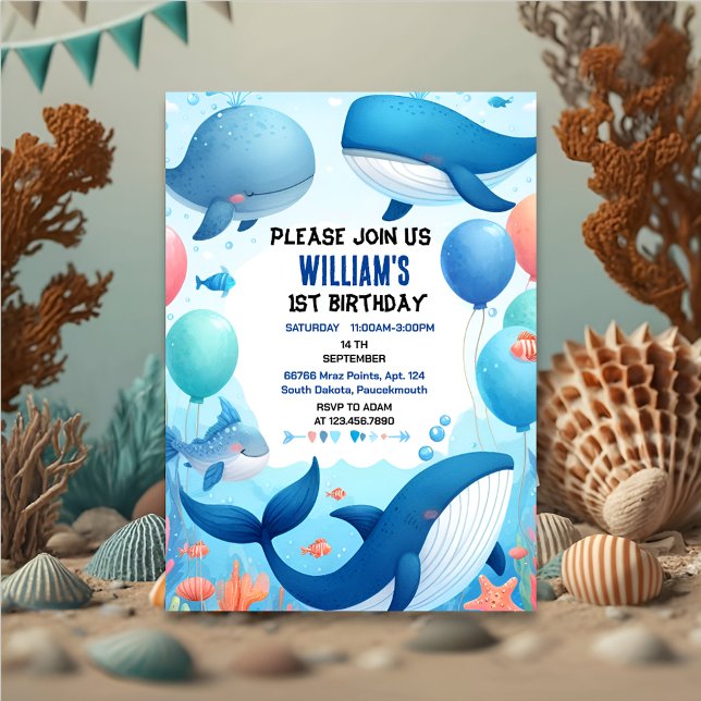 spot cool fish sea blue whale shark 1st Birthday Invitation (Creator Uploaded)