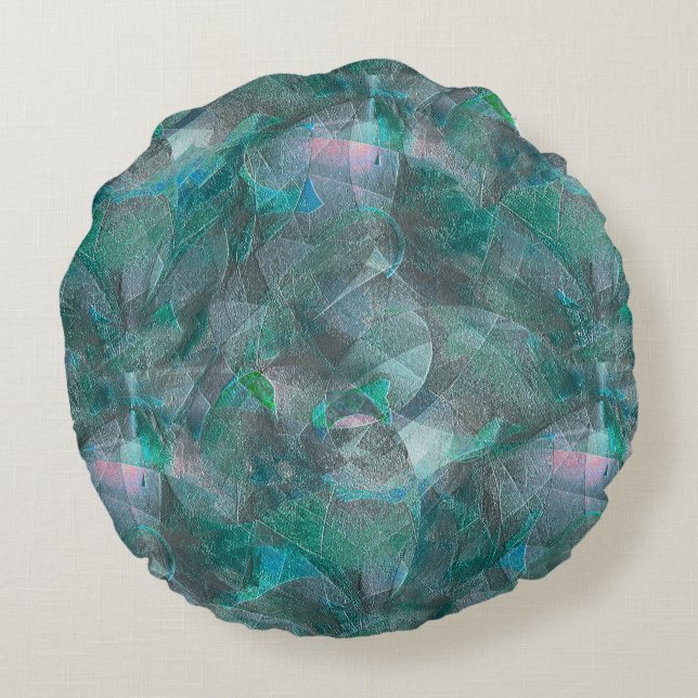 Spoted greenish cyan over unfinished wall plaster  round cushion (Back)