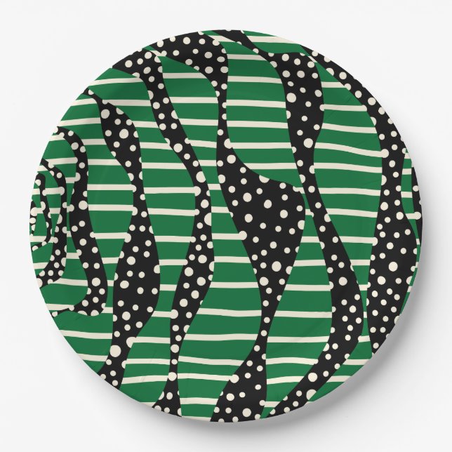 Spots and Stripes 2 - Green, Cream and Black Paper Plate (Front)