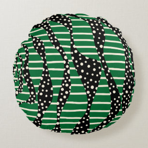 Spots and Stripes 2 - Green, Cream and Black Round Cushion
