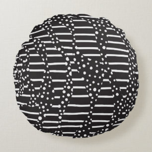 Spots and Stripes 2 in White on Black  Round Cushion