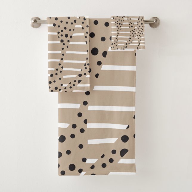 Spots and Stripes 2 - Taupe, Black and White Bath Towel Set (Insitu)