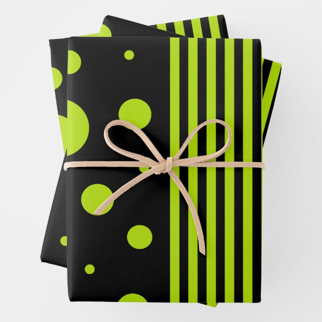 Spots and Stripes - Lime Green Wrapping Paper Sheet (In situ)
