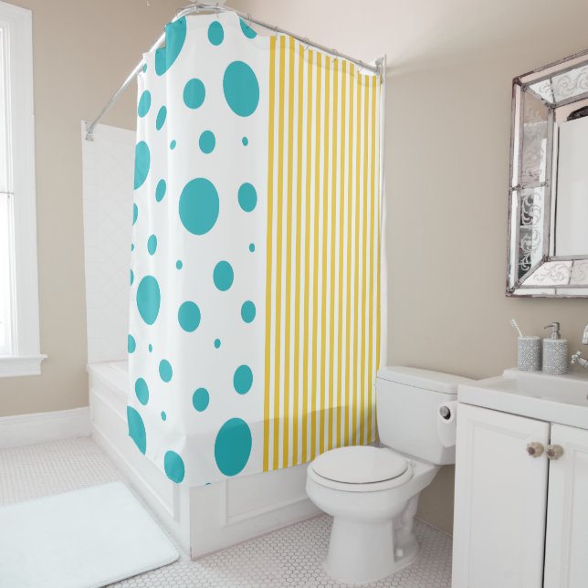 Spots and Stripes - Turquoise and Yellow Shower Curtain (In Situ)
