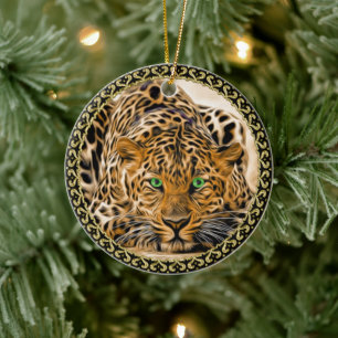 Spotted Bright green eye leopard looking at you Ceramic Tree Decoration